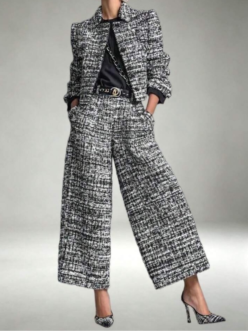 Women's Cropped Tweed Blazer & High Waist Wide Leg Pants Two Piece Matching Set